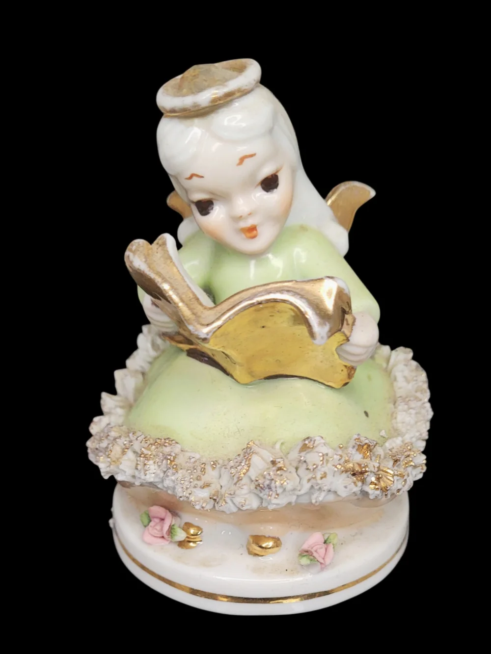 1950s Lefton Reading The Funnies  Angel Figurine Spaghetti Trim Vintage
